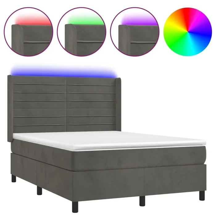 Cama box spring colchón y LED terciopelo gris oscuro 140×200 cm Rayas horizontales