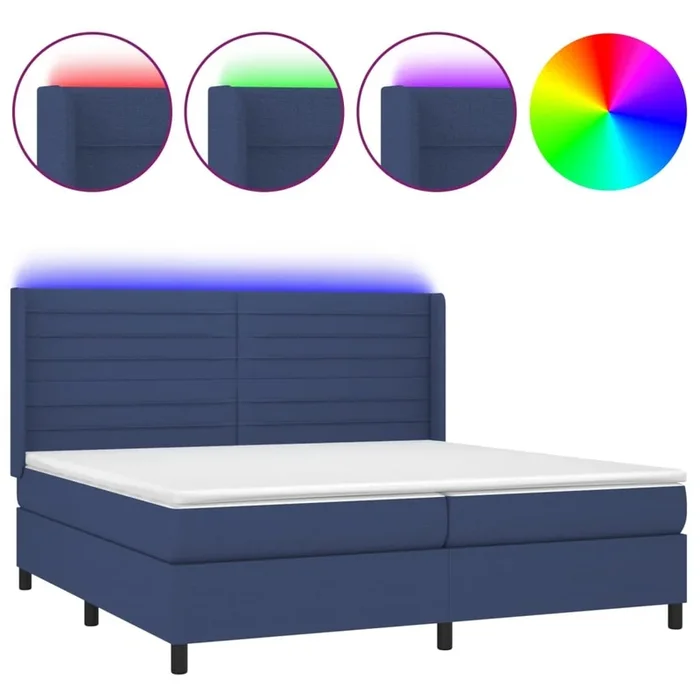 Cama box spring colchón y luces LED tela azul 200×200 cm Rayas horizontales