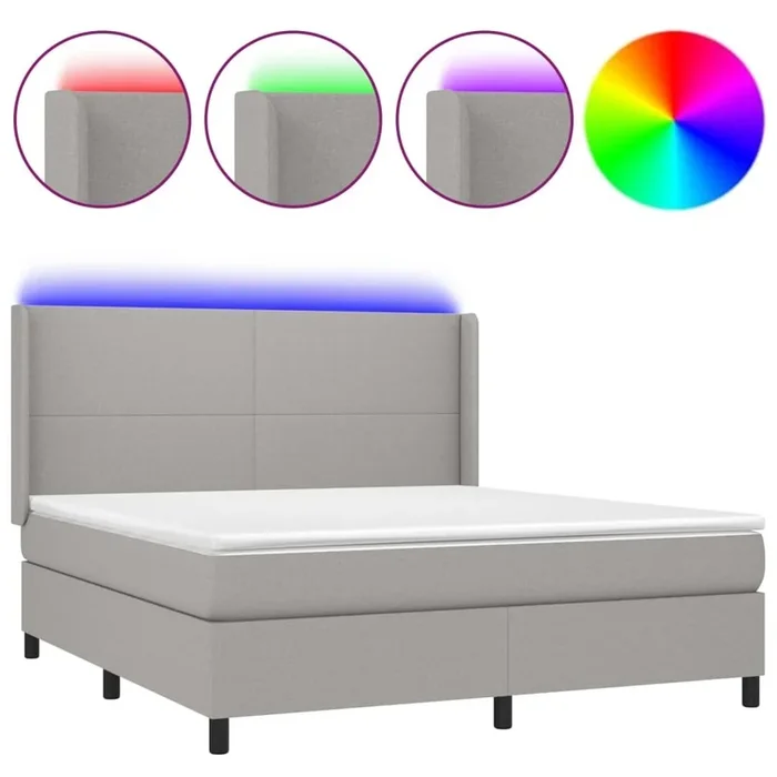 Cama box spring colchón y luces LED tela gris claro 180×200 cm Diseño plano