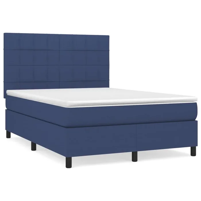 Cama box spring con colchón tela azul 140×190 cm Bloques con cuadros