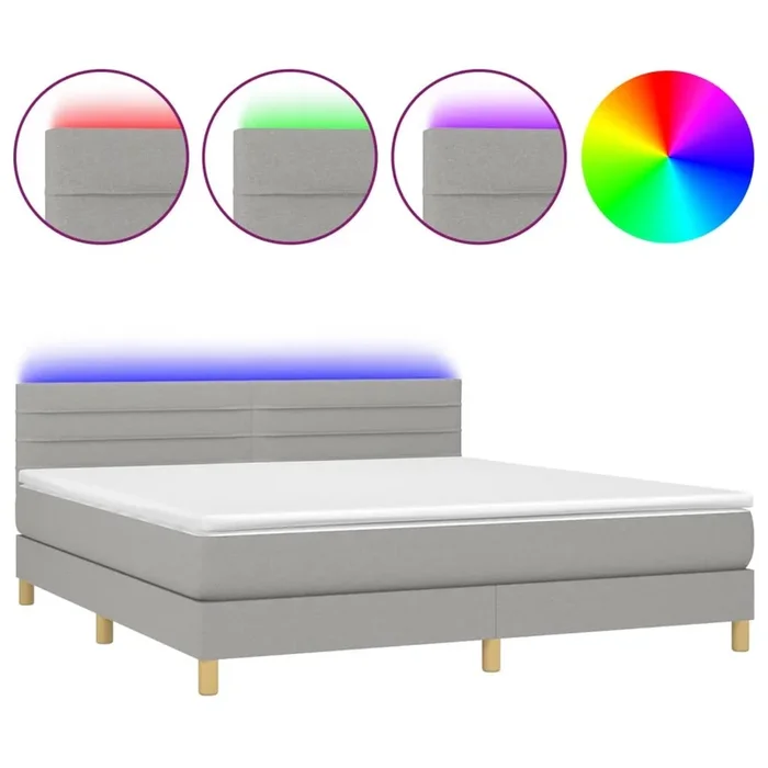 Cama box spring con colchón tela y LED gris claro 180×200 cm Rayas horizontales