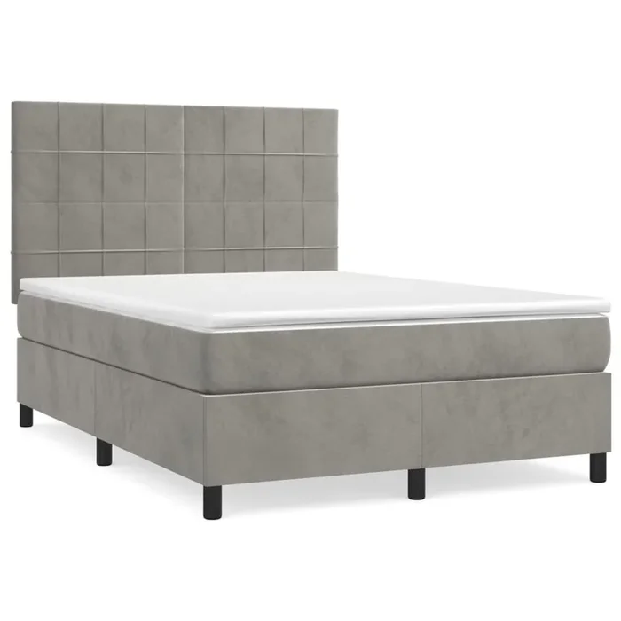 Cama box spring con colchón terciopelo gris claro 140×190 cm Bloques con cuadros