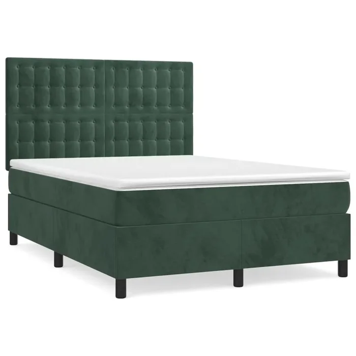 Cama box spring con colchón terciopelo verde oscuro 140×200 cm Botones