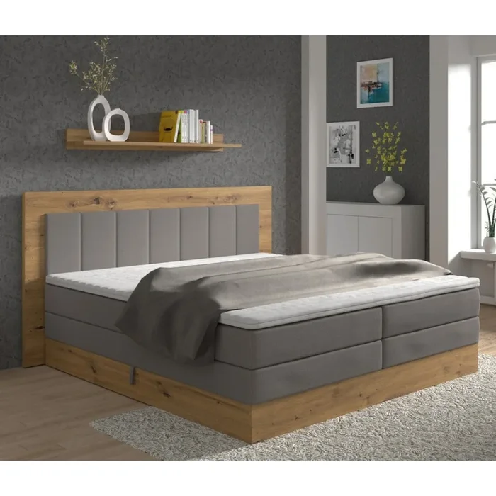 Cama boxspring JASMINE 180×200 cm con colchones, sobrecolchón y arcón de almacenamiento, gris