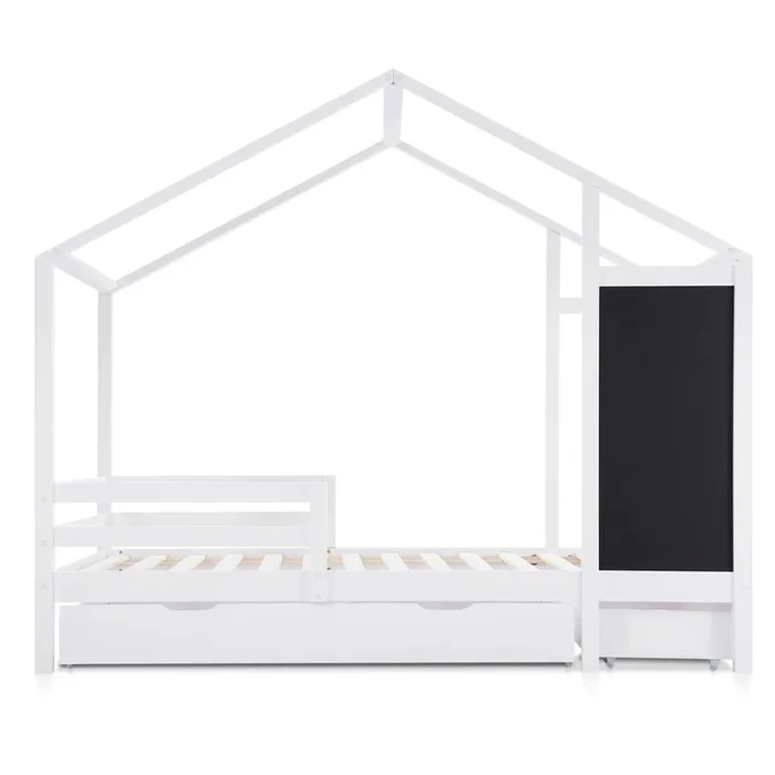 Cama cabina 90×200 cm – madera maciza – con pizarra y 2 cajones – Blanco