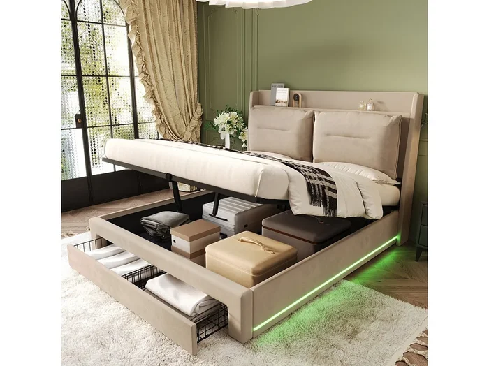 Cama canapé 180×200 cm con cabecero y 2 cajones – LED – Terciopelo – Beige (sin colchón)