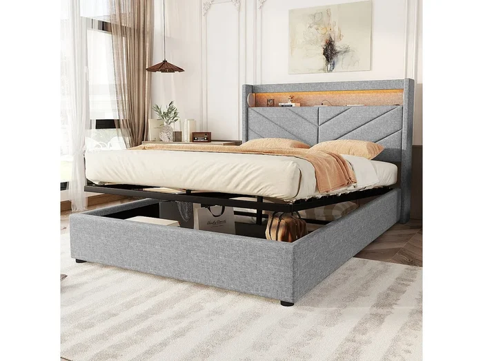 Cama canapé de 140×190 cm en lino gris con LED, equipo de música, USB y almacenaje hidráulico