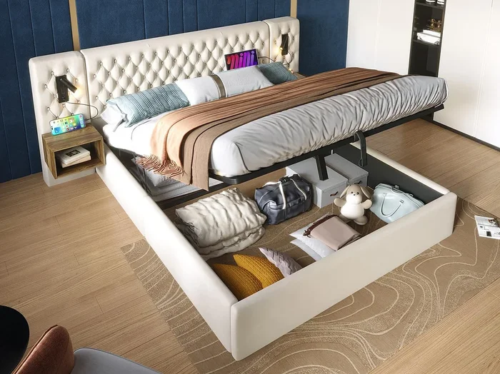 Cama canapé de terciopelo 160×200 cm – 2 mesitas de noche + 2 luces de lectura con toma USB – Beige (colchón no incluido)