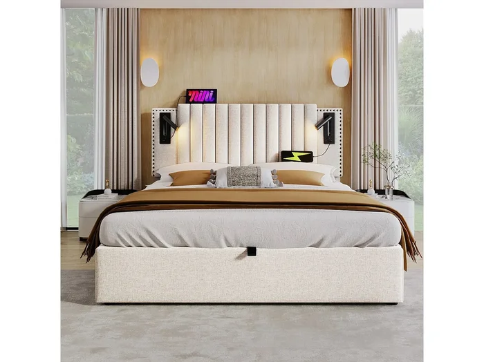 Cama canapé doble 140×200 cm – cabecero LED/USB – algodón beige (sin colchón)