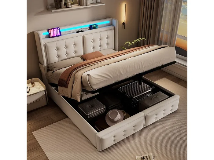 Cama canapé para adulto beige con colchón de 160×200 cm, 1 puerto USB y 1 puerto Tipo C con almacenaje hidráulico