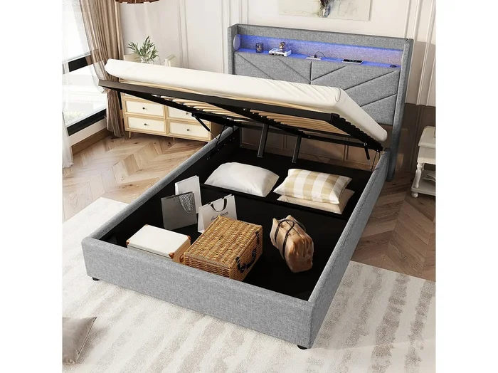 Cama con almacenaje 140×190 cm – Cama para adultos con iluminación LED, carga USB y sistema de sonido – lino gris