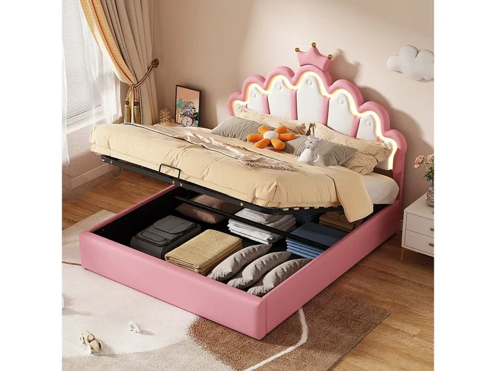 Cama con almacenaje 140×200 cm – Cama infantil con tira de luz LED – Cabecero en forma de corona – PU rosa