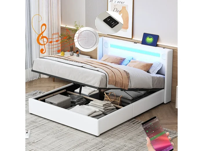 Cama con almacenaje 140×200 cm de piel sintética PU con USB y luces LED, blanca, con somier de láminas, sin colchón