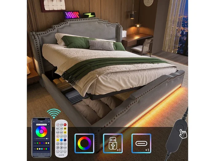 Cama con almacenaje 140×200 cm para adultos con LED y USB Tipo-C, terciopelo gris, sin colchón