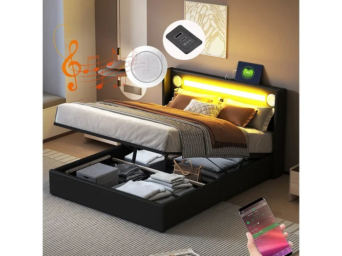 Cama con almacenaje 160×200 cm de piel sintética PU con USB y luces LED, negra, con somier de láminas, sin colchón