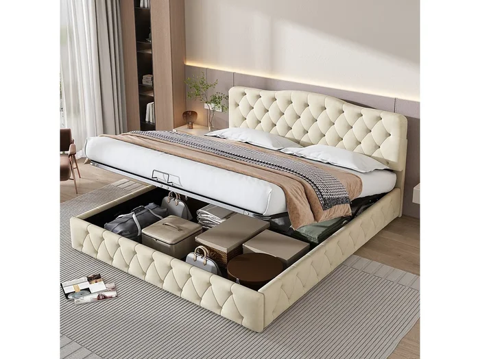 Cama con almacenaje 180×200 cm – Cama doble con cabecero regulable en altura – terciopelo beige – sin colchón