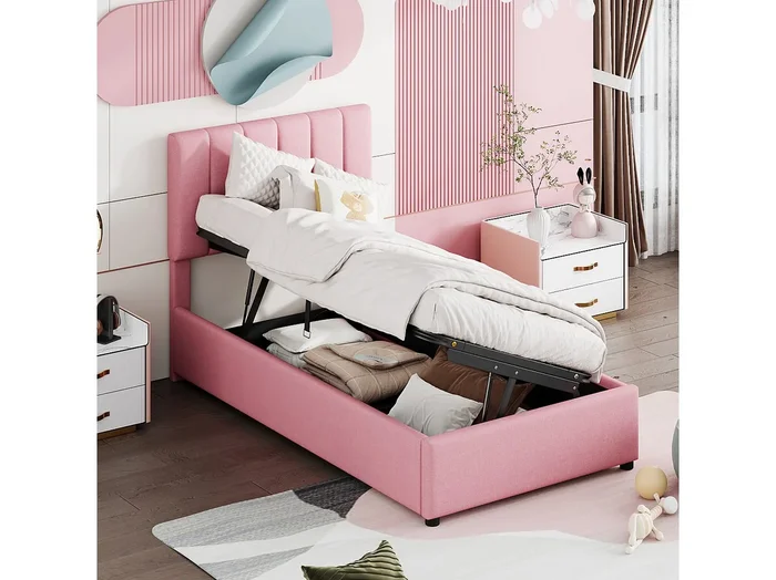 Cama con almacenaje 90×200 cm – Cama infantil con cabecero ajustable y somier – lino rosa – sin colchón
