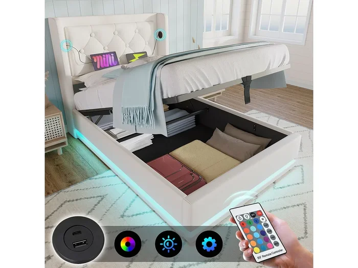 Cama con almacenaje 90 x 200 cm – PU blanco – Cama infantil con iluminación LED y carga USB – sin colchón