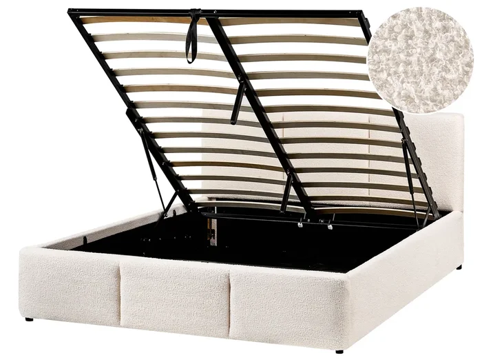 Cama con almacenaje Bouclé BOUSSE 140 x 200 cm Blanco crema
