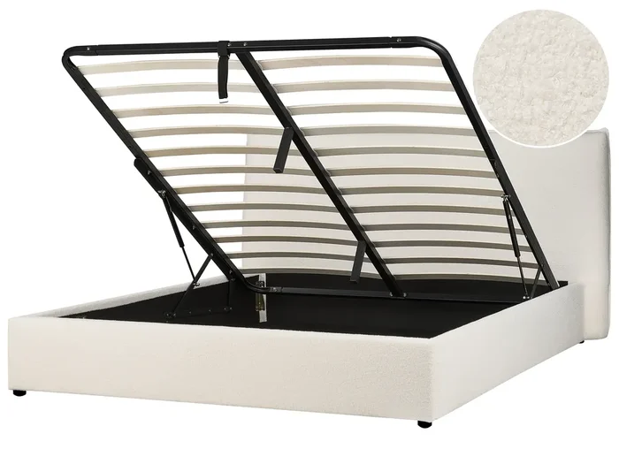 Cama con almacenaje Bouclé LAVAUR 180 x 200 cm Blanco crema