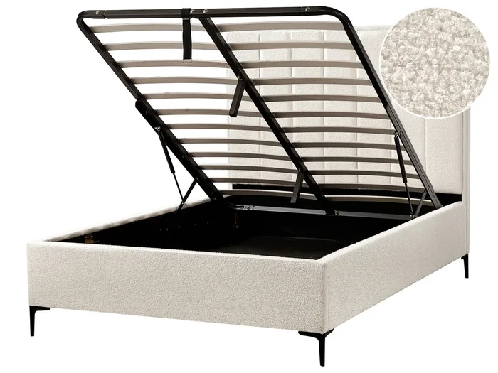 Cama con almacenaje Bouclé SEZANNE 140 x 200 cm Blanco crema