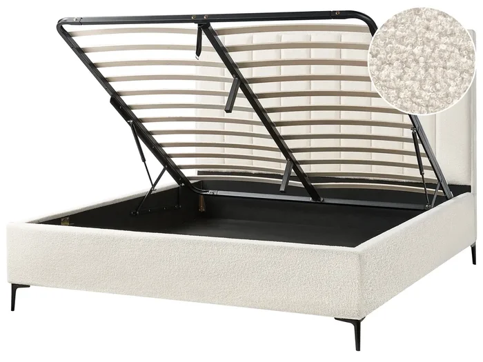 Cama con almacenaje Bouclé SEZANNE 180 x 200 cm Blanco crema