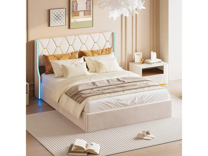 Cama con almacenaje de 140 x 200 cm y LED, estructura de cama con somier de láminas, terciopelo, beige