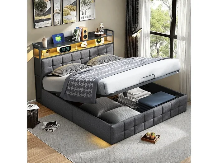 Cama con almacenaje de 160×200 cm en tela gris con somier de láminas, cabecero iluminado por LED, enchufe europeo integrado, diseño moderno y práctico