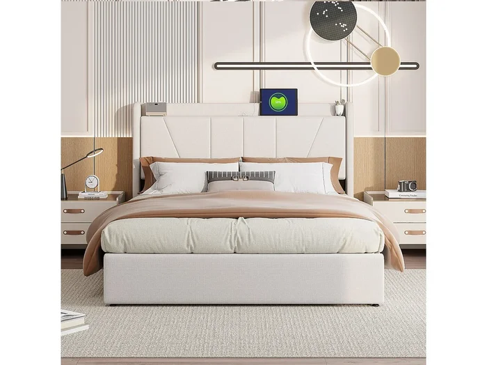 Cama con almacenaje de 160 x 200 cm con 2 puertos USB, 1 puerto tipo C y palanca neumática, color beige y lino.