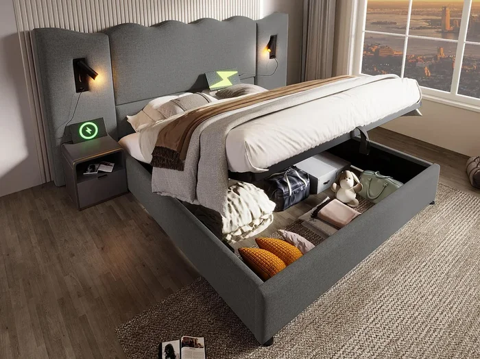 Cama con almacenaje de lino 180×200 cm – con luz de lectura y función de carga – con somier – Gris
