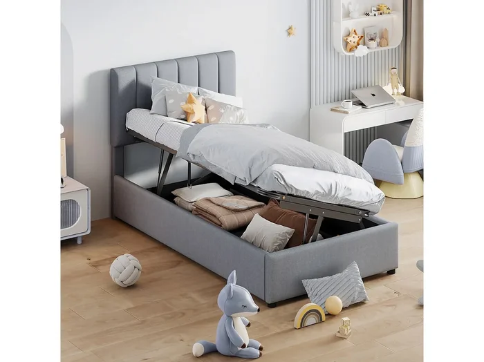 Cama con almacenaje infantil 90×200 cm en lino gris con somier de láminas, sin colchón