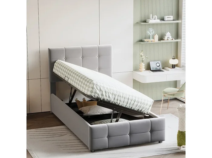 Cama con almacenaje infantil 90×200 cm gris en terciopelo, cabecero ajustable en altura, somier de láminas, sin colchón