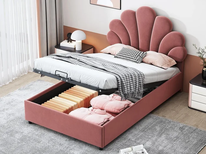 Cama con almacenaje tapizada en terciopelo – 90x200cm – Cabecero en forma de flor – Somier de láminas – Rosa