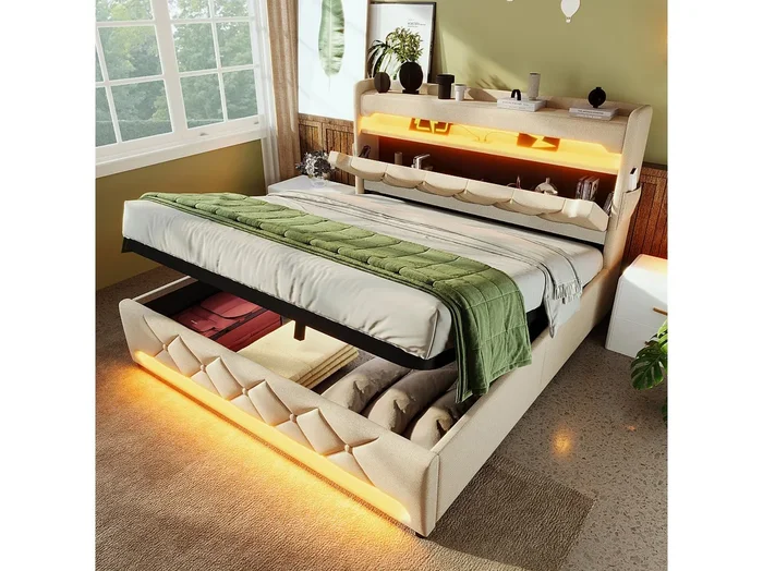 Cama con almacenamiento 160×200 cm con LED y USB Tipo-C, lino beige, sin colchón