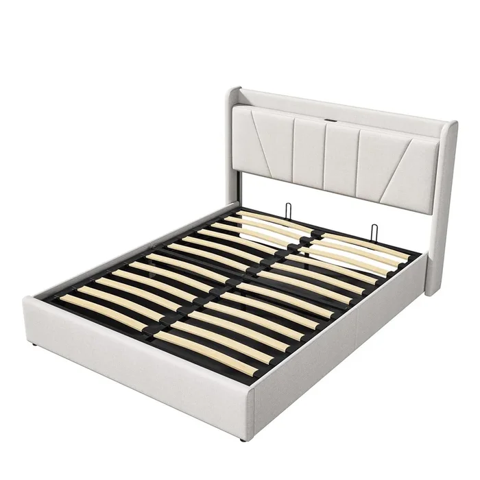 Cama con almacenamiento 160×200 cm con USB y Type C, cama capitonada con somier de lamas, cama doble con gran almacenamiento, cama para 2 personas, lino, beige