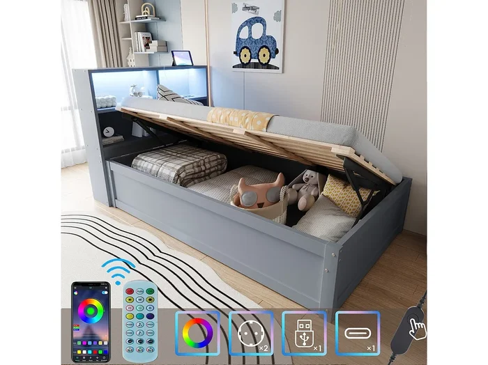 Cama con almacenamiento 90×200 cm con LED y puerto USB, somier de láminas de madera, color gris – sin colchón