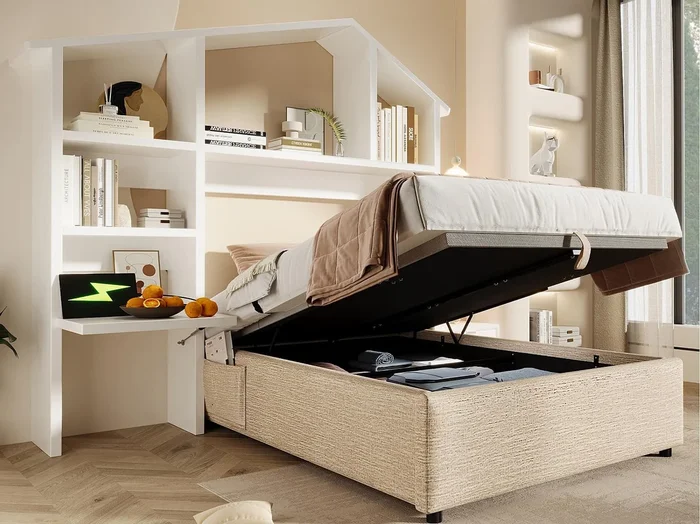 Cama con almacenamiento 90×190 cm – tejido de lino – con tomas de carga – con estantería blanca – beige (sin colchón)