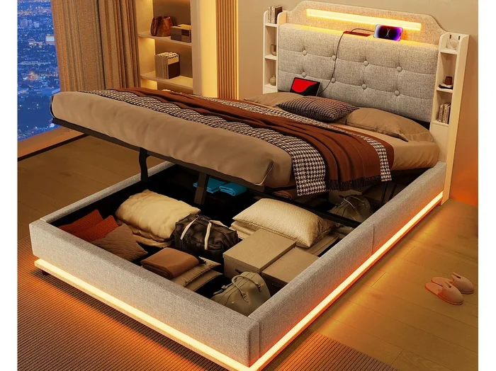 Cama con arcón acolchado 140x200cm – con iluminación LED – con compartimento de almacenamiento – USB+TYPE-C – lino – beige (sin colchón)