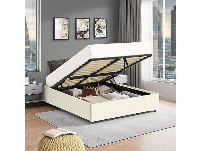 Cama con arcón – tamaño 140×190 cm – terciopelo beige – somier incluido – LANCE
