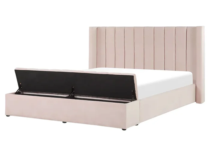 Cama con banco de almacenaje Terciopelo NOYERS 160 x 200 cm Rosa pastel