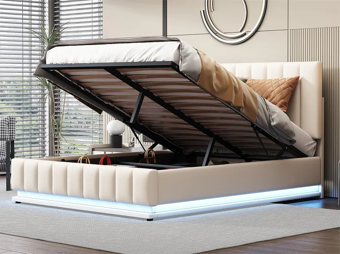 Cama con cabecero ajustable – 140 x 200 cm – Piel sintética – LED – color blanco