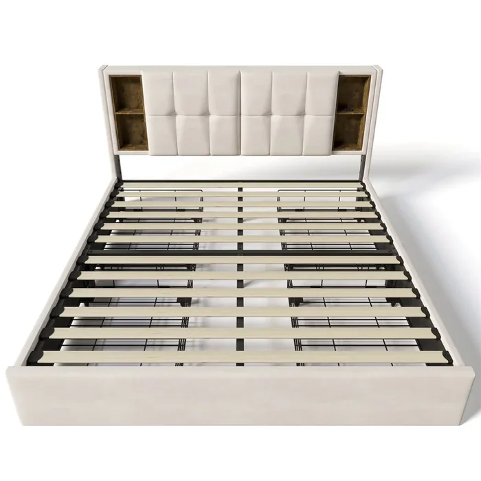 Cama con cajones 160x200cm acolchada en terciopelo – con carga inalámbrica y somier – Beige