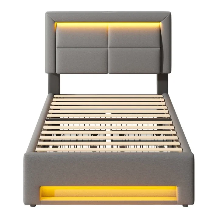 Cama con cajones 90×200 cm en piel sintética – con LED y puertos de carga (con cable e inalámbrico) – Gris