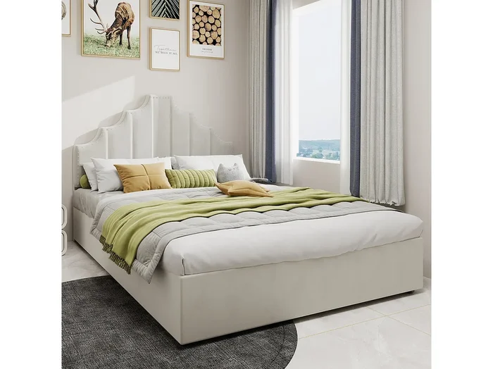 Cama con canapé 160 x 200 cm – Cama para adultos con cabecero suave y espacio de almacenaje – terciopelo holandés beige – C=colchón no incluido