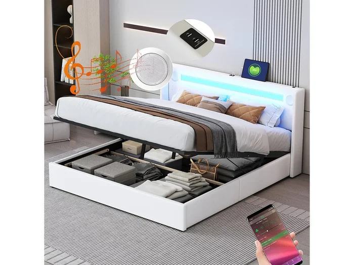 Cama con canapé 160x200cm – Cama doble con somier de láminas, cabecero LED con Bluetooth y puerto USB – en piel sintética blanca