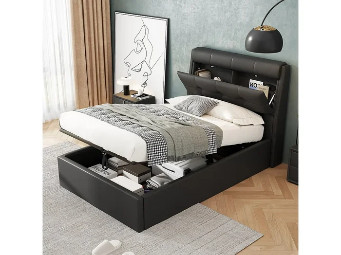 Cama con canapé 90×200 cm para adulto, cabecero con almacenamiento, piel sintética negra, sin colchón
