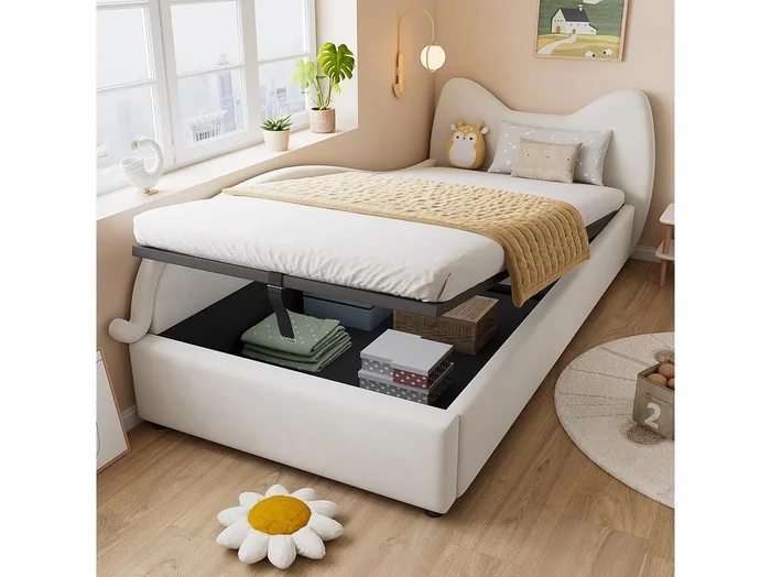 Cama con canapé 90 x 200 cm – Cama individual con cabecero de gato y panel lateral izquierdo – terciopelo beige