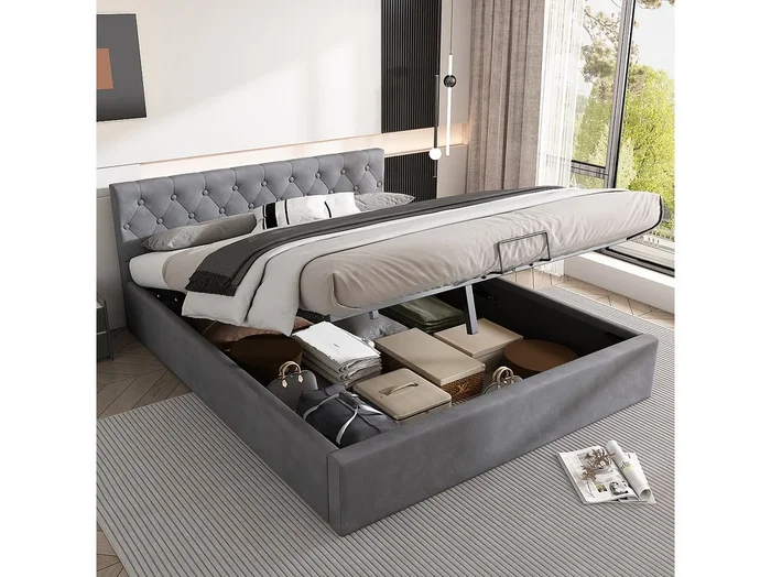 Cama con canapé de 140 x 200 cm – somier y cabecero – estilo escandinavo – terciopelo – color gris