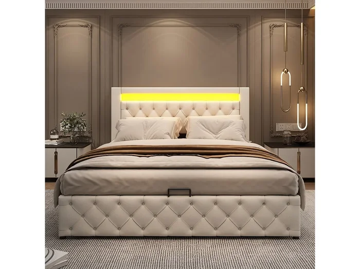 Cama contenedor 140×200 cm – cama acolchada con somier, almacenaje e iluminación LED – PU – blanco