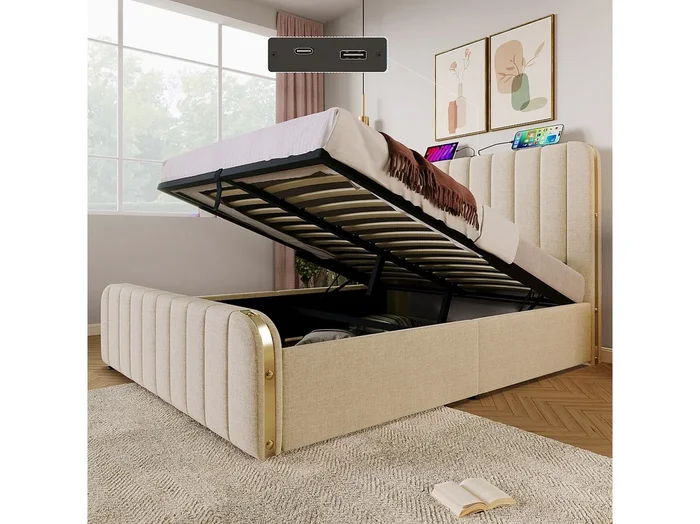 Cama contenedor 140 x 200 cm con cabecero – Tomas USB y Tipo C – Tela de lino – Rayas decorativas – Beige (sin colchón)